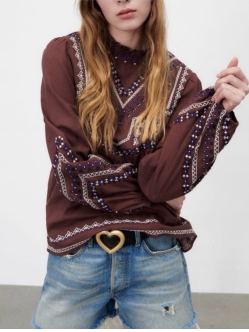 Zara Brown Embroidered Beaded Boho Blouse